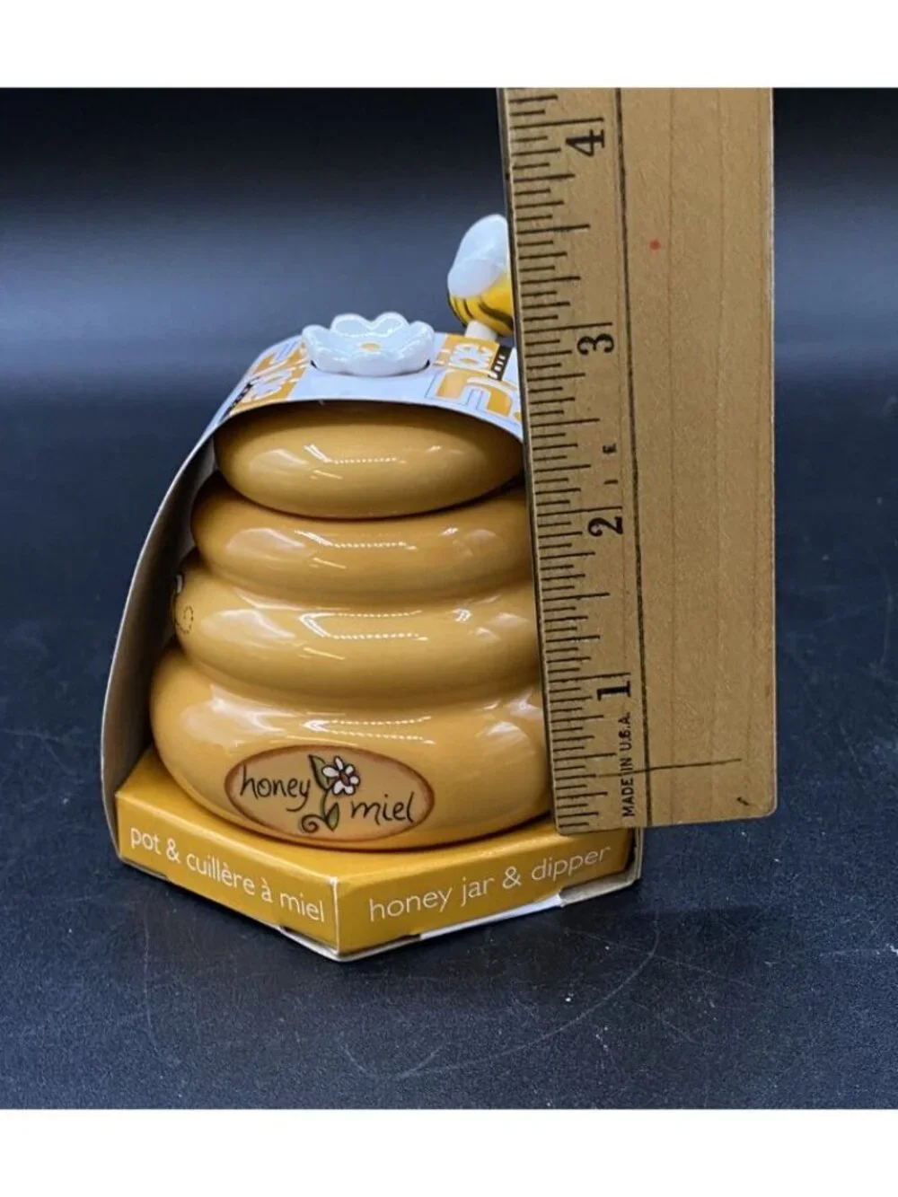 Mini Honey Pot Ceramic Jar & Wood Dipper Joie MSC Beehive with Bee 2002 BPA free
